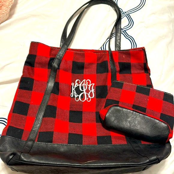 Marley monogrammed KJJ buffalo plaid tote bag with makeup bag inside. - Picture 1 of 8